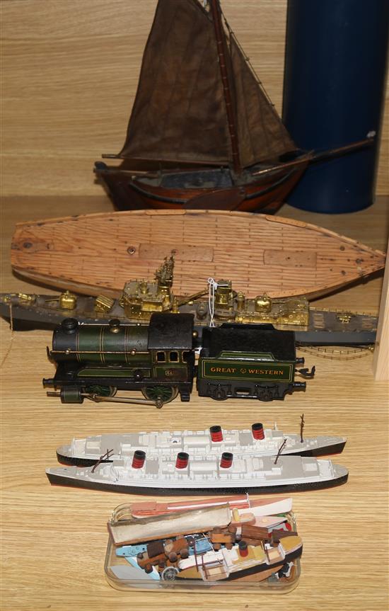 A Bing tinplate O gauge loco and tender and various model boats